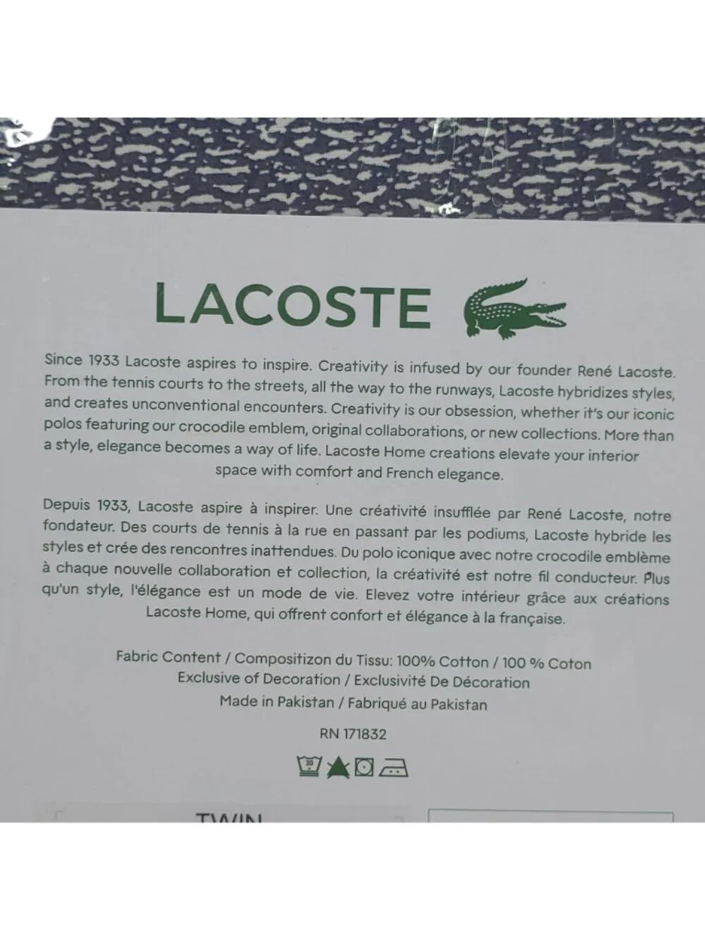 Lacoste 3-Piece Twin Sheet Set Blue Camo Vintage Indigo 100% Cotton Percale